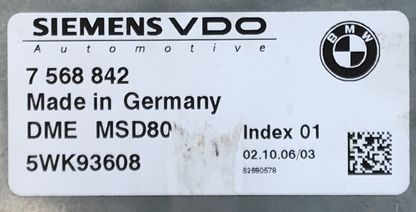 Siemens Engine ECU, BMW 335i, DME MSD80, 7568842, 7 568 842, 5WK93608, INDEX 01