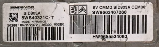  Siemens Engine ECU, Citroen 2.0HDi, 5WS40321C-T, SW9663467080, HW9655534080, SID803A