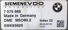 Siemens VDO Engine ECU, BMW 3 Series, 7575665, 7 575 665, DME MSD80.2, 5WK93629, Index 02