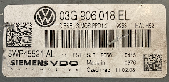 Siemens VDO Engine ECU, VW / SKODA, 5WP45521AL, 5WP45521 AL, 03G906018EL, 03G 906 018 EL, PPD1.2