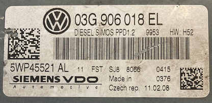 Siemens VDO Engine ECU, VW / SKODA, 5WP45521AL, 5WP45521 AL, 03G906018EL, 03G 906 018 EL, PPD1.2
