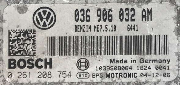 VW Golf 1.4, 0261208754, 0 261 208 754, 036906032AM, 036 906 032 AM, 109S08064, ME7.5.10