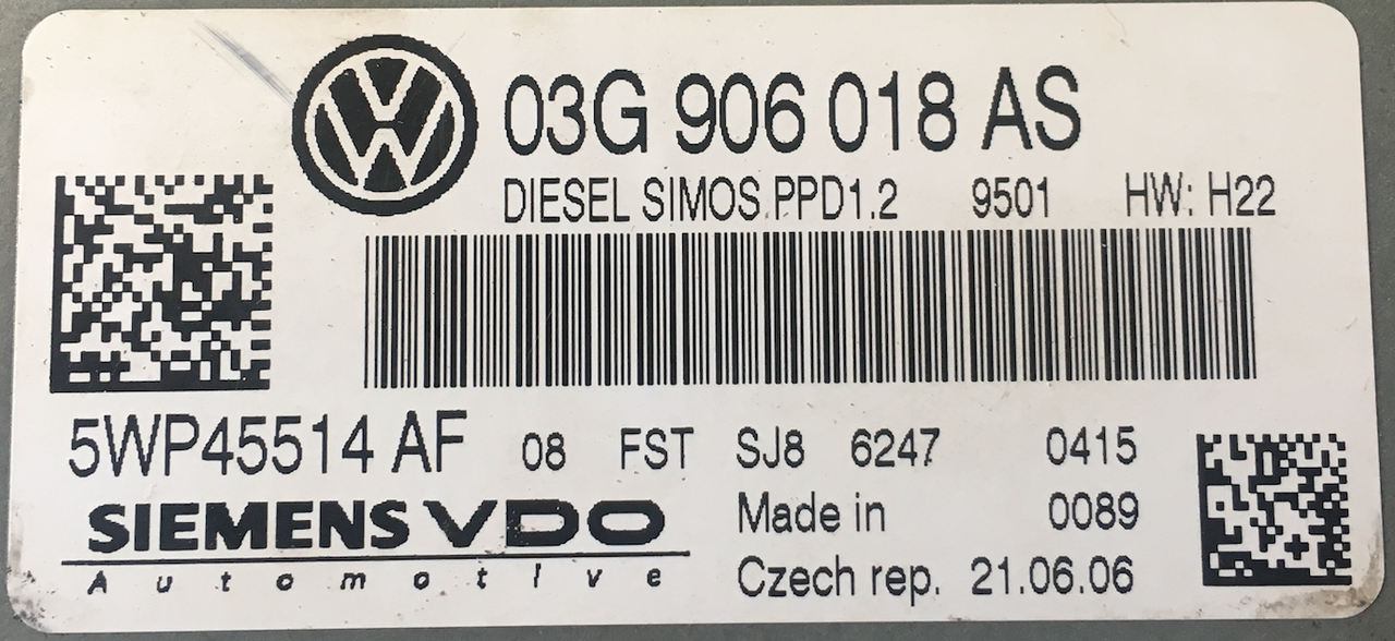 VW Passat 2.0TDi, 5WP45514AF, 5WP45514 AF, 03G906018AS, 03G 906 18 AS, PPD1.2 