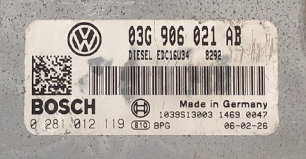 VW Passat 2.0 TDI, 0281012119, 0 281 012 119, 03G906021AB, 03G 906 021 AB, EDC16U34