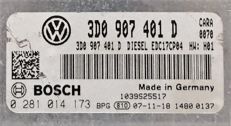 VW Phaeton 3.0 TDI, 0281014173, 0 281 014 173, 3D0907401D, 3D0 907 401 D, EDC17CP04